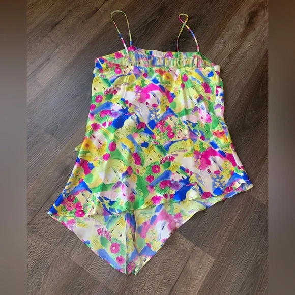 Silk abstract tank top Lapis ruffled detail multi colored size Large - Picture 5 of 8